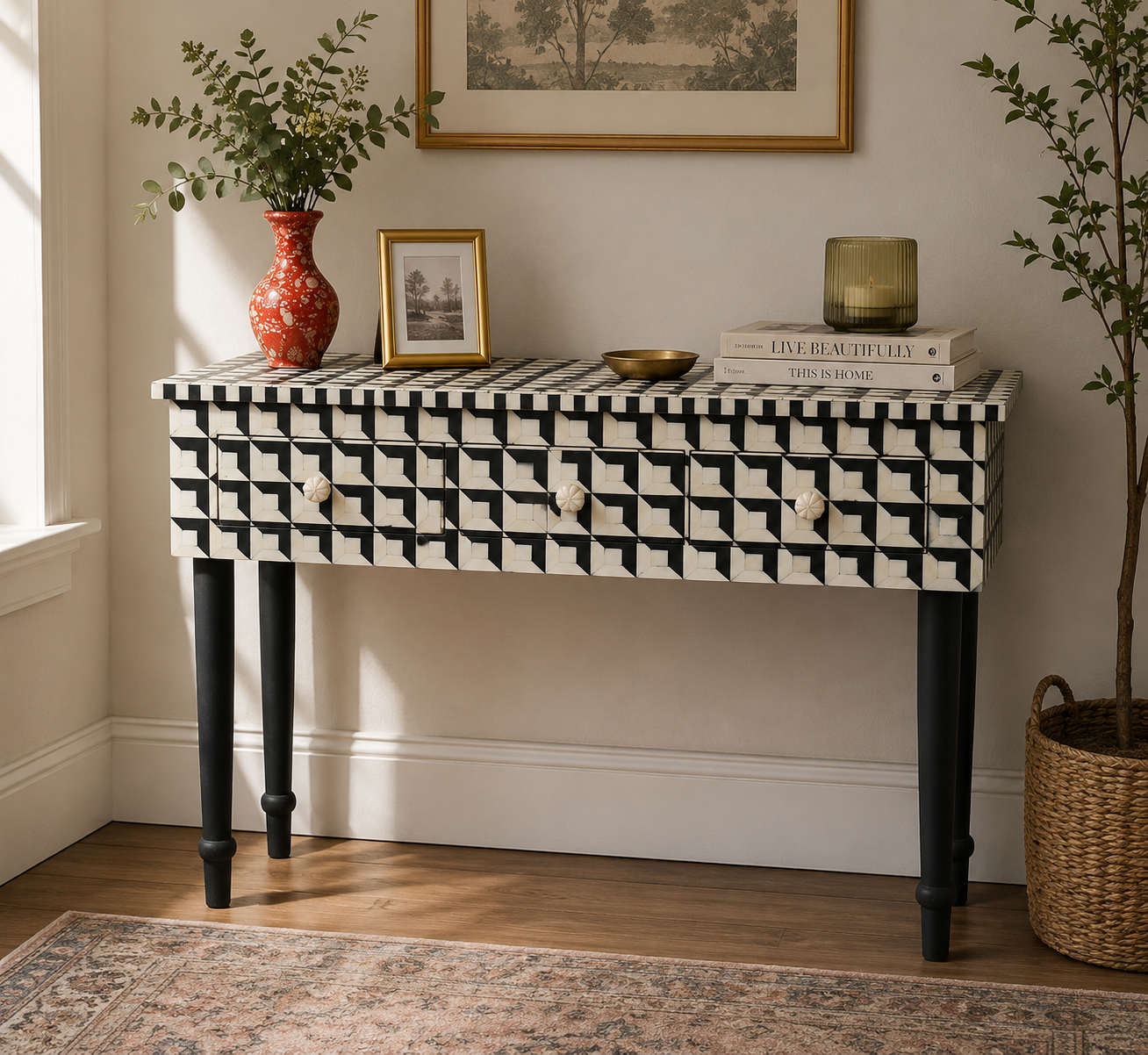Handmade Black & White Bone Inlay Console Table with 3 Drawers