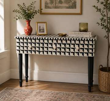 Handmade Black & White Bone Inlay Console Table with 3 Drawers