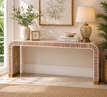 Handmade Bone Inlay Waterfall Console Table – Brown Stripe Design