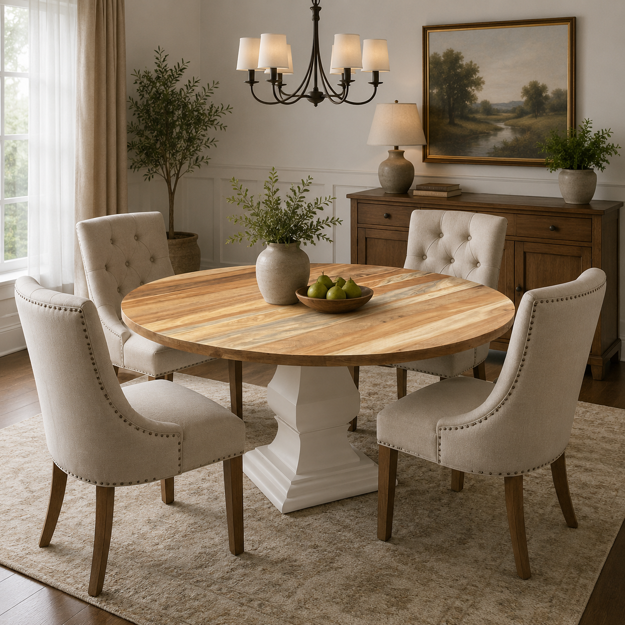 Round Wooden Dining Table Set Handmade Modern Farmhouse Pedestal Dining Table with Upholstered Chairs