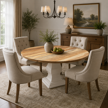 Round Wooden Dining Table Set Handmade Modern Farmhouse Pedestal Dining Table with Upholstered Chairs