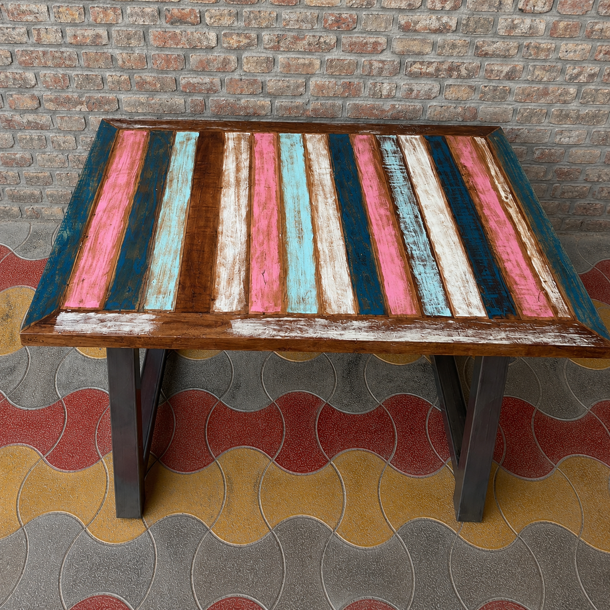 Handmade Rustic Reclaimed Wood Dining Table Colorful Farmhouse Kitchen Table Modern Wooden Dining Furniture