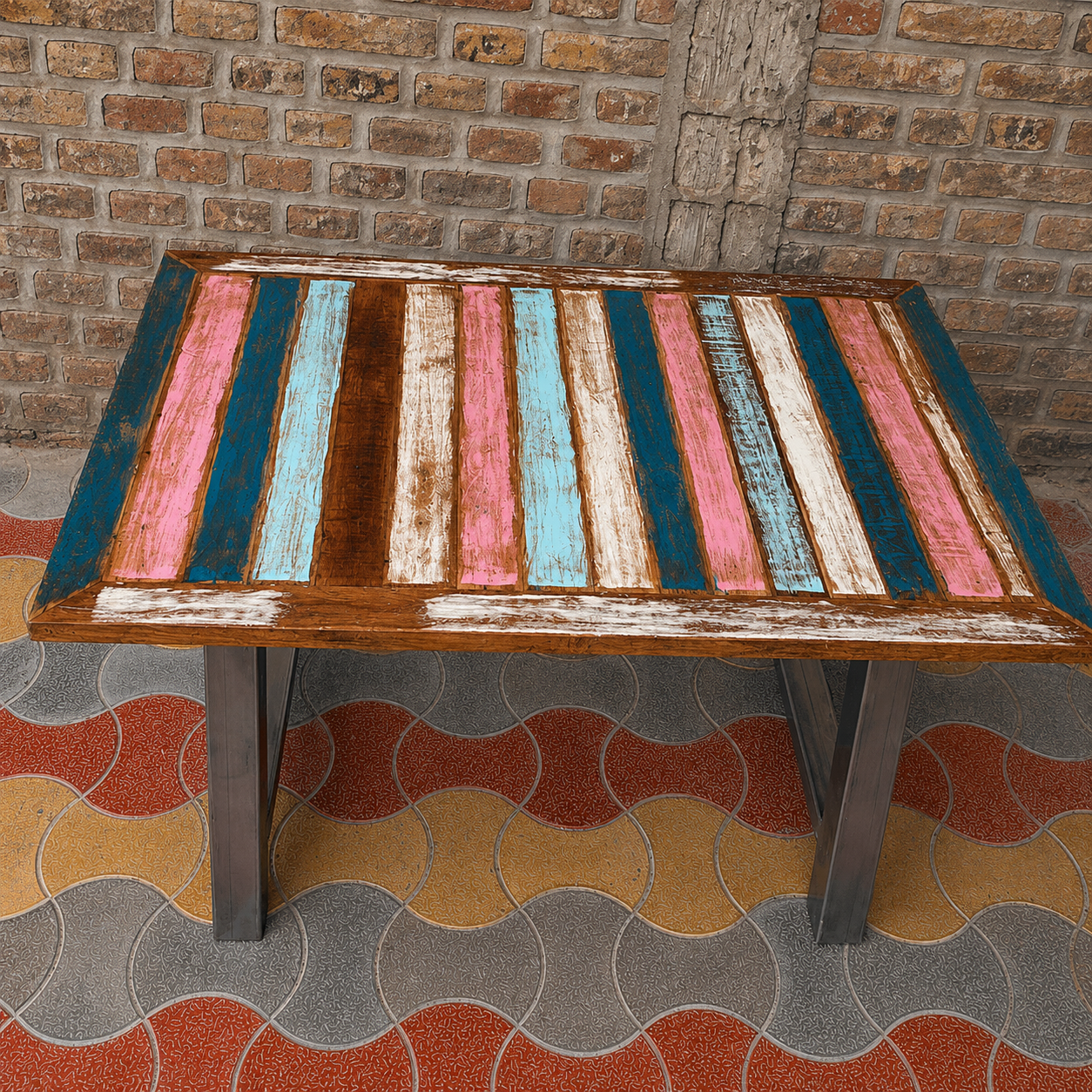 Handmade Rustic Reclaimed Wood Dining Table Colorful Farmhouse Kitchen Table Modern Wooden Dining Furniture