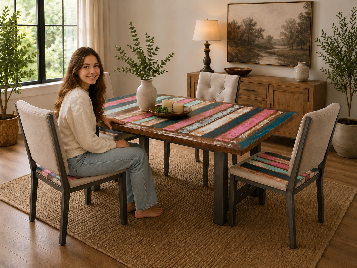 Handmade Rustic Reclaimed Wood Dining Table Colorful Farmhouse Kitchen Table Modern Wooden Dining Furniture