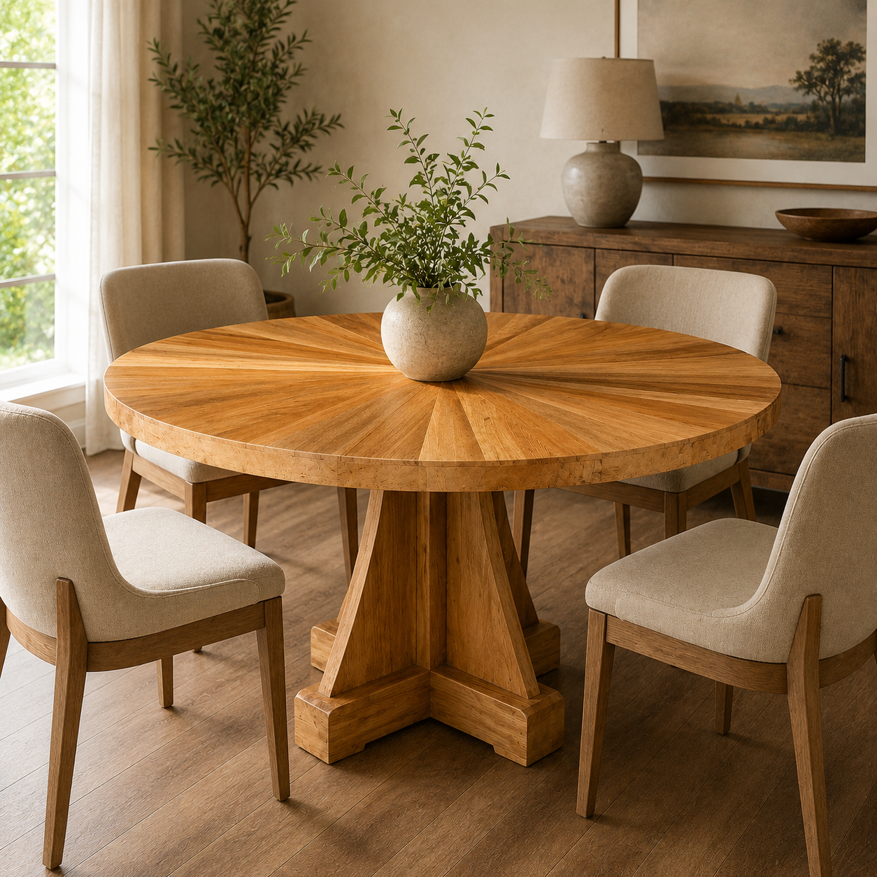 Handmade Round Teak Wood Dining Table, Modern Sunburst Pedestal Dining Table, Luxury Solid Wood Breakfast Table