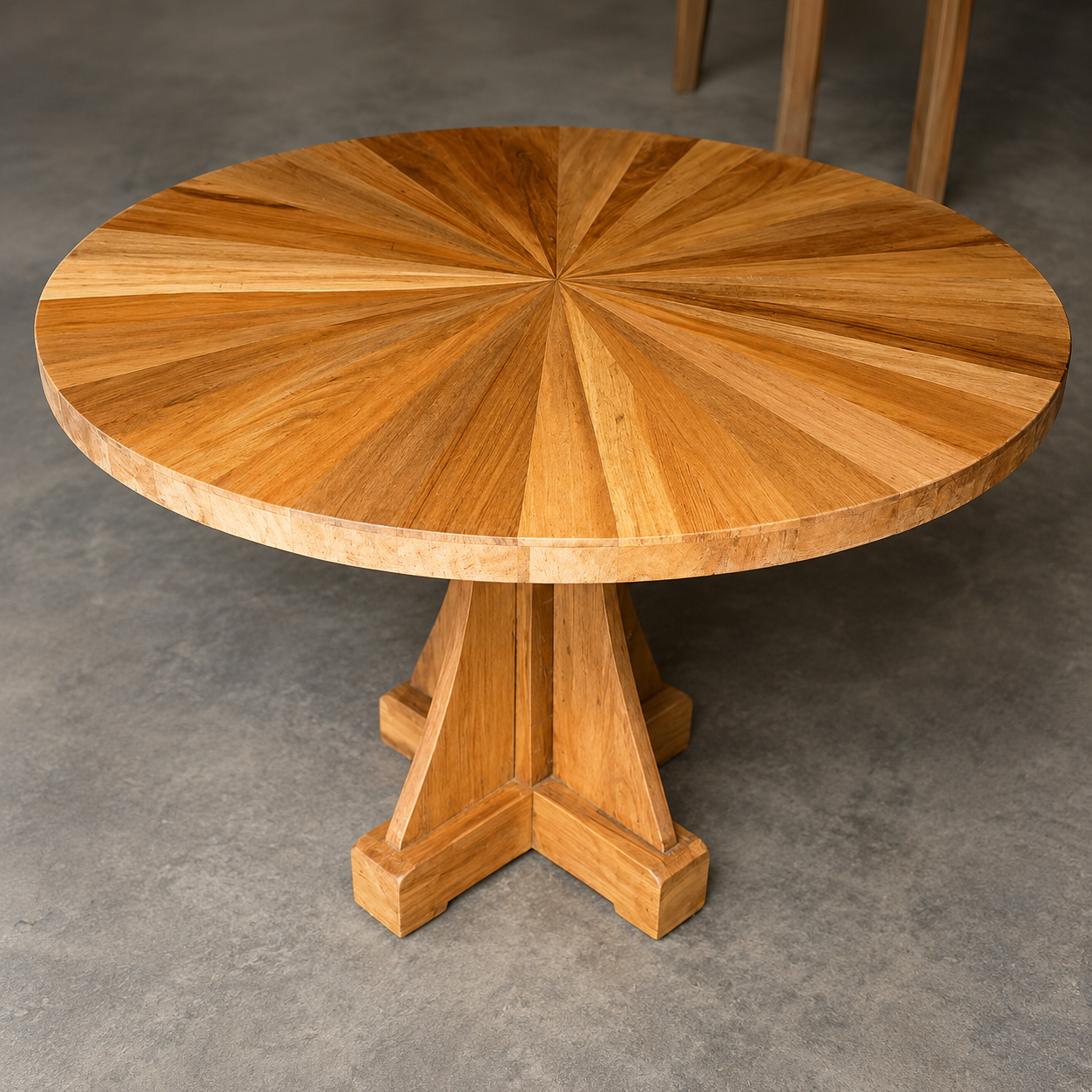 Handmade Round Teak Wood Dining Table, Modern Sunburst Pedestal Dining Table, Luxury Solid Wood Breakfast Table