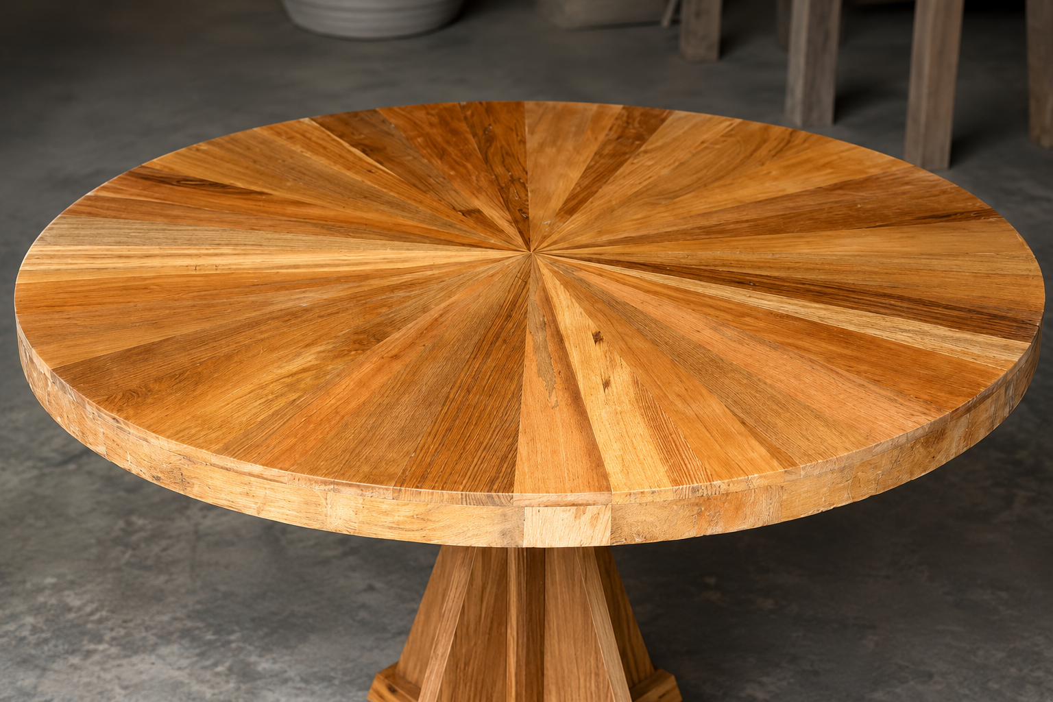 Handmade Round Teak Wood Dining Table, Modern Sunburst Pedestal Dining Table, Luxury Solid Wood Breakfast Table