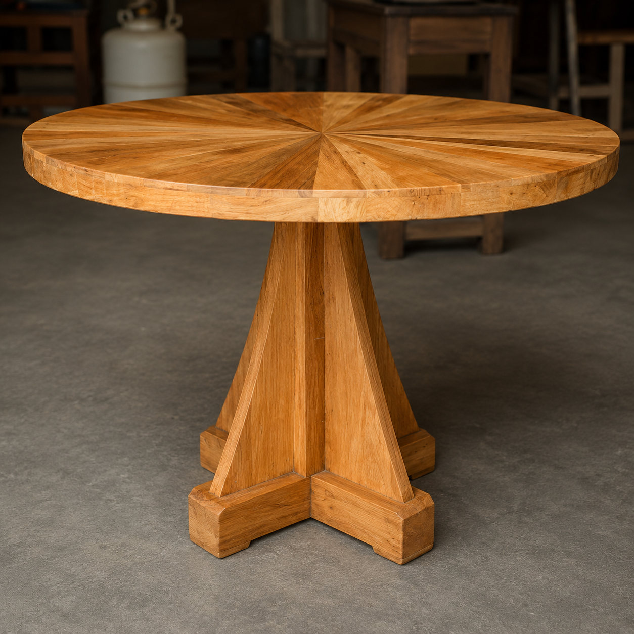 Handmade Round Teak Wood Dining Table, Modern Sunburst Pedestal Dining Table, Luxury Solid Wood Breakfast Table