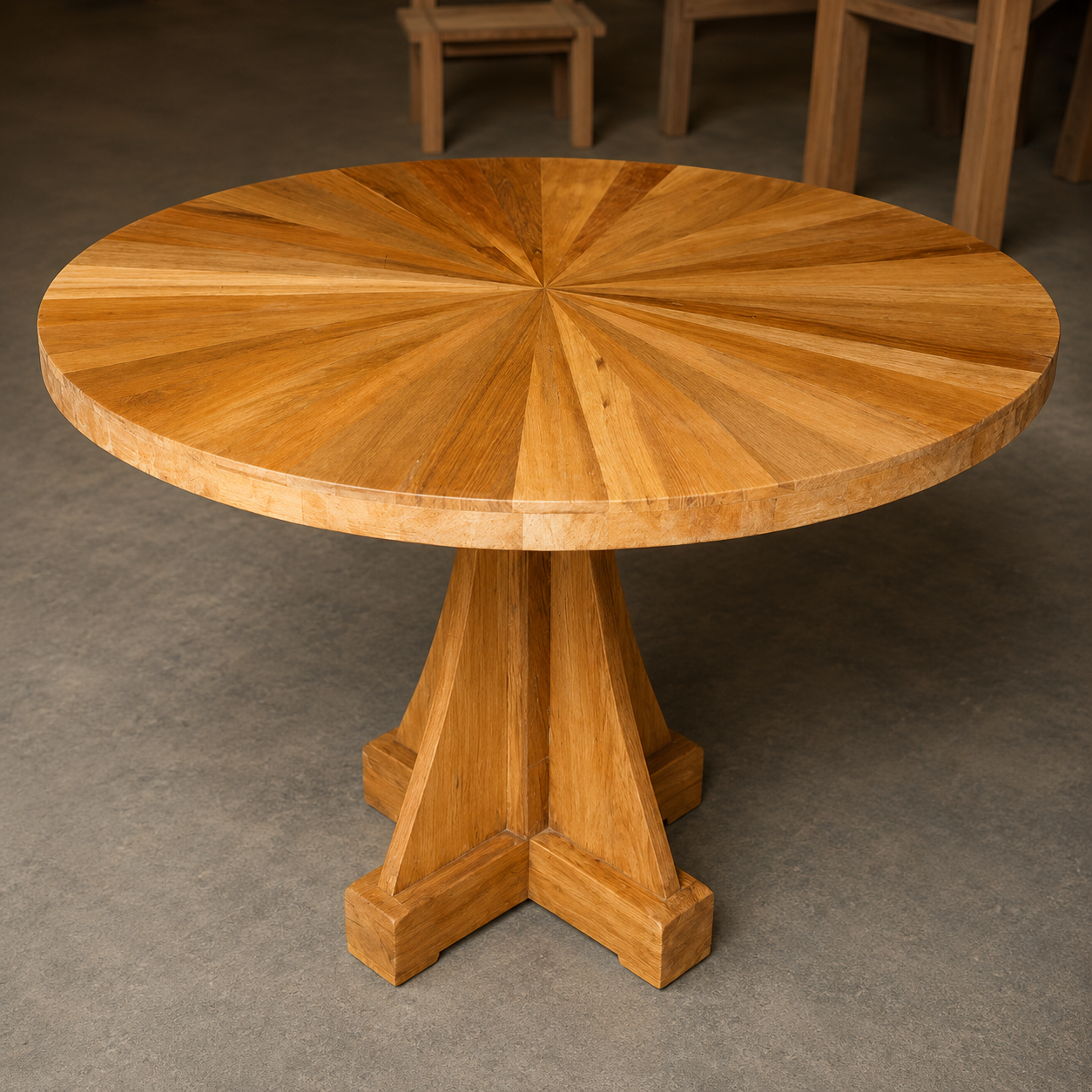 Handmade Round Teak Wood Dining Table, Modern Sunburst Pedestal Dining Table, Luxury Solid Wood Breakfast Table