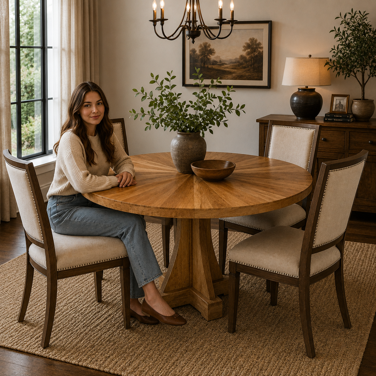 Handmade Round Teak Wood Dining Table, Modern Sunburst Pedestal Dining Table, Luxury Solid Wood Breakfast Table