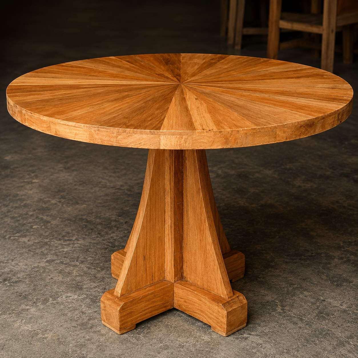 Handmade Round Teak Wood Dining Table, Modern Sunburst Pedestal Dining Table, Luxury Solid Wood Breakfast Table