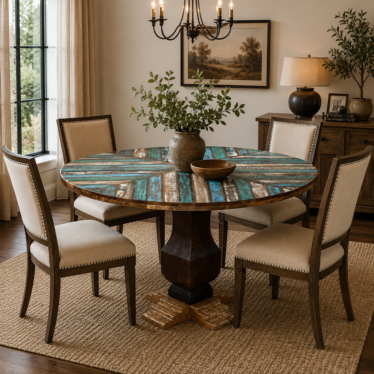 Round Reclaimed Wood Dining Table Handmade Blue Rustic Pedestal Table Farmhouse Kitchen Dining Furniture