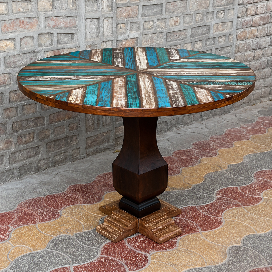 Round Reclaimed Wood Dining Table Handmade Blue Rustic Pedestal Table Farmhouse Kitchen Dining Furniture