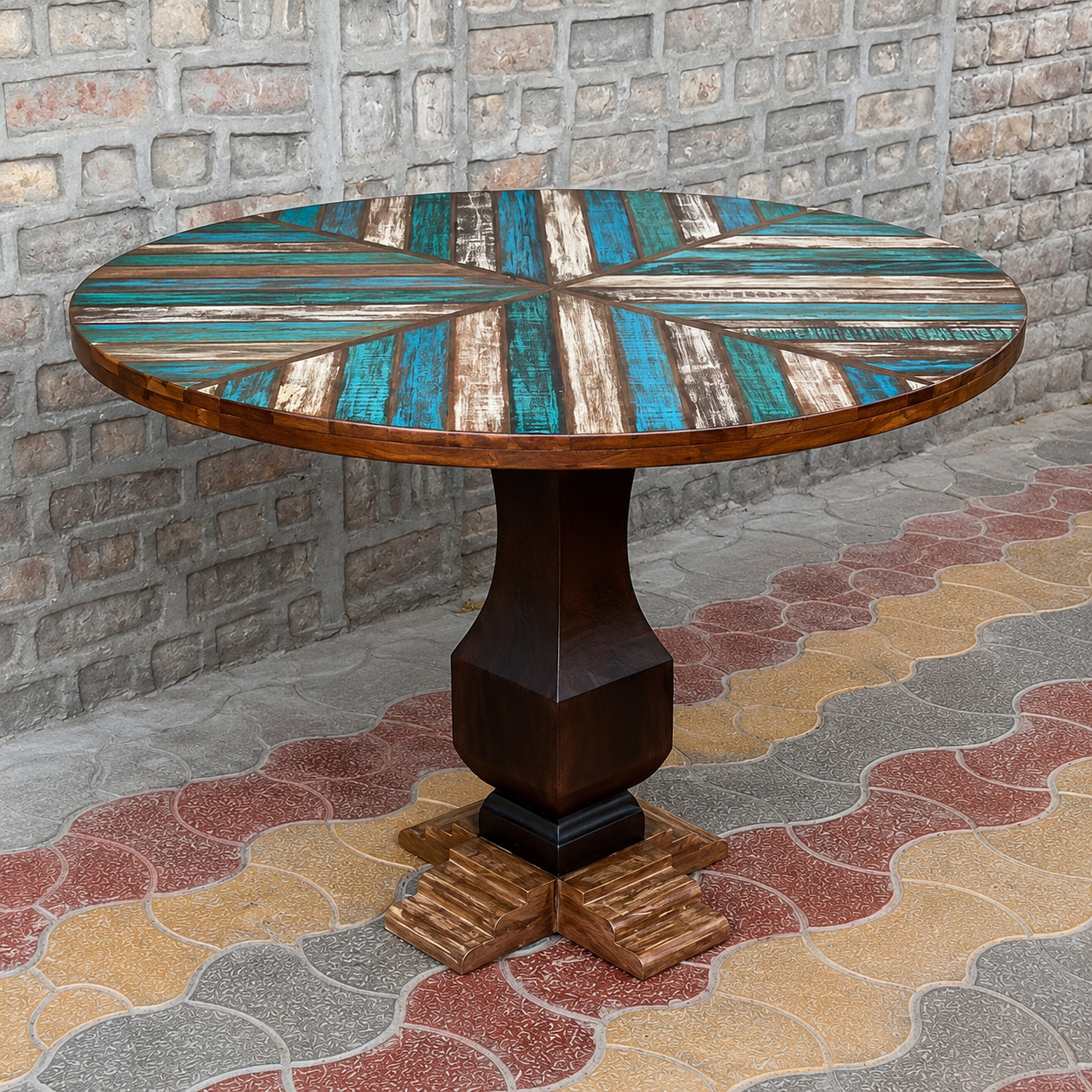 Round Reclaimed Wood Dining Table Handmade Blue Rustic Pedestal Table Farmhouse Kitchen Dining Furniture