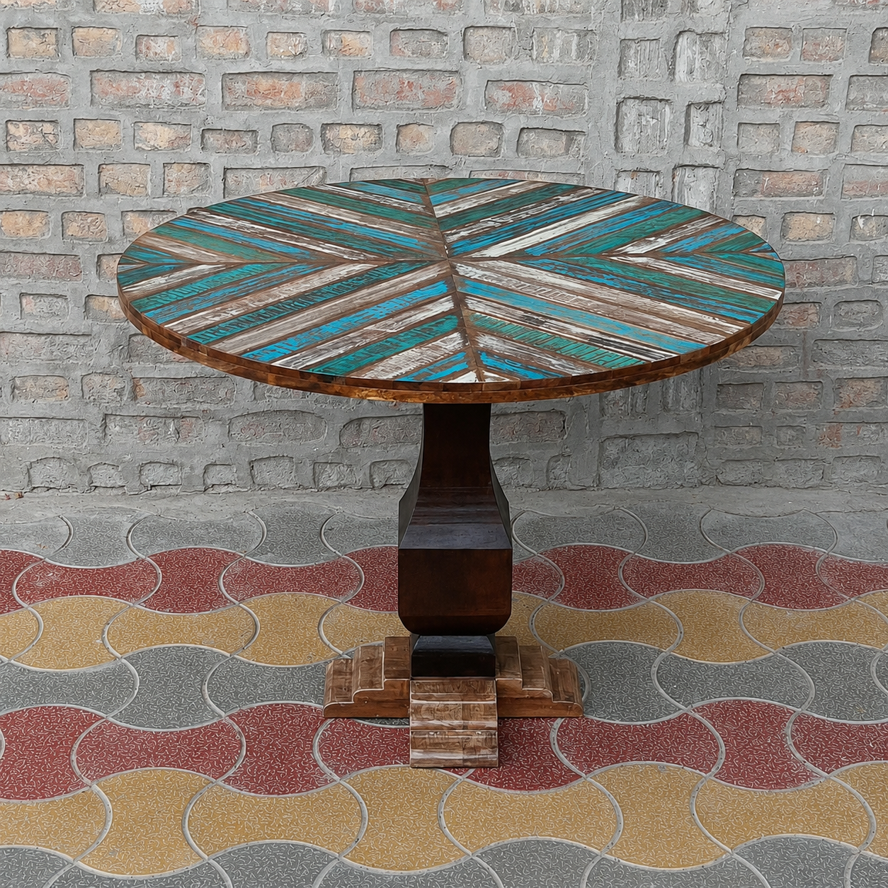 Round Reclaimed Wood Dining Table Handmade Blue Rustic Pedestal Table Farmhouse Kitchen Dining Furniture