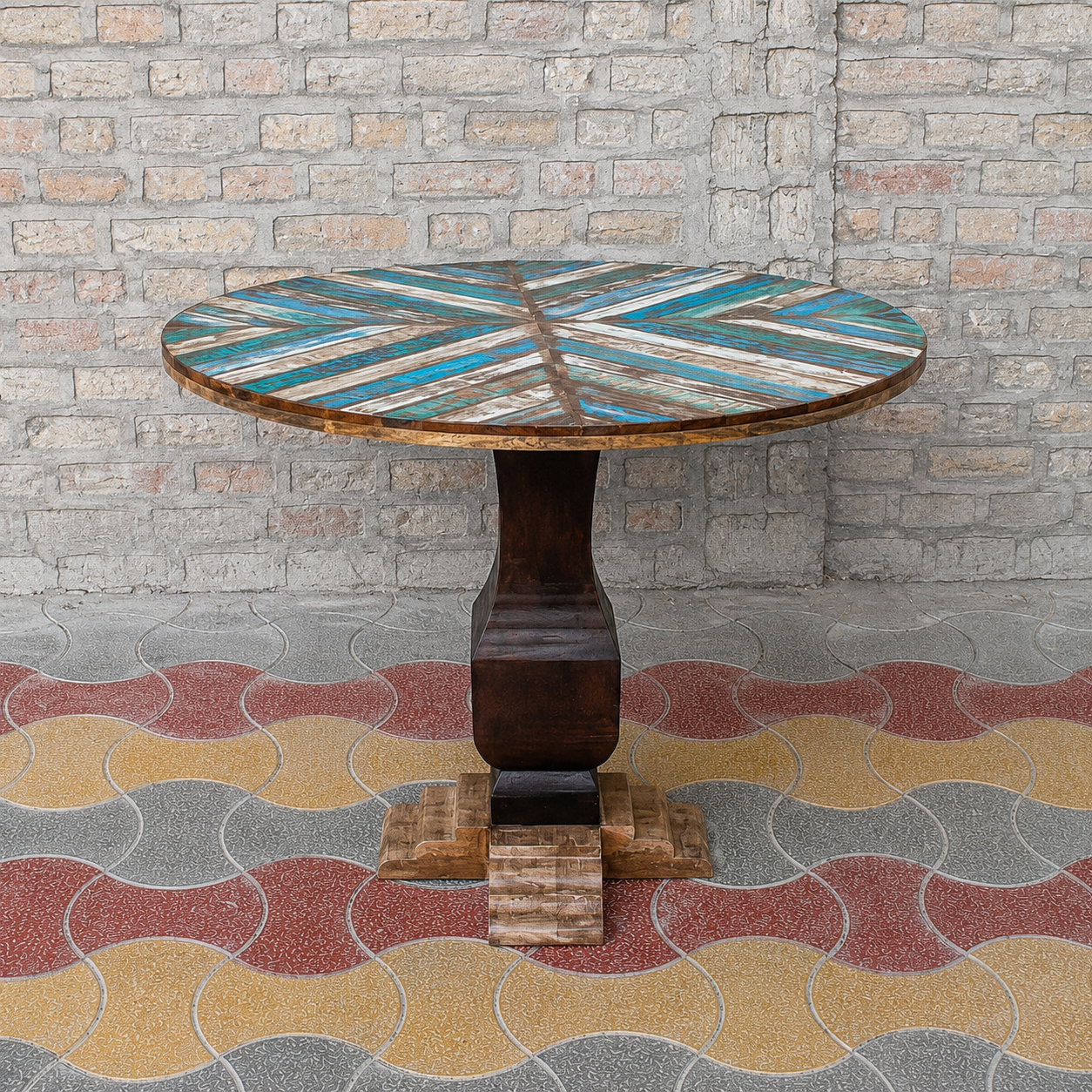 Round Reclaimed Wood Dining Table Handmade Blue Rustic Pedestal Table Farmhouse Kitchen Dining Furniture