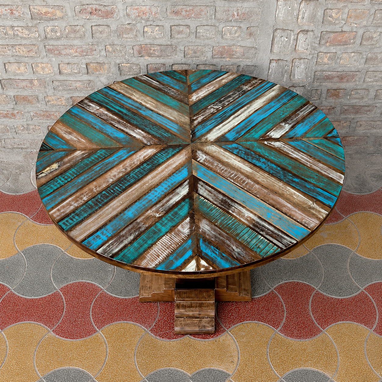 Round Reclaimed Wood Dining Table Handmade Blue Rustic Pedestal Table Farmhouse Kitchen Dining Furniture