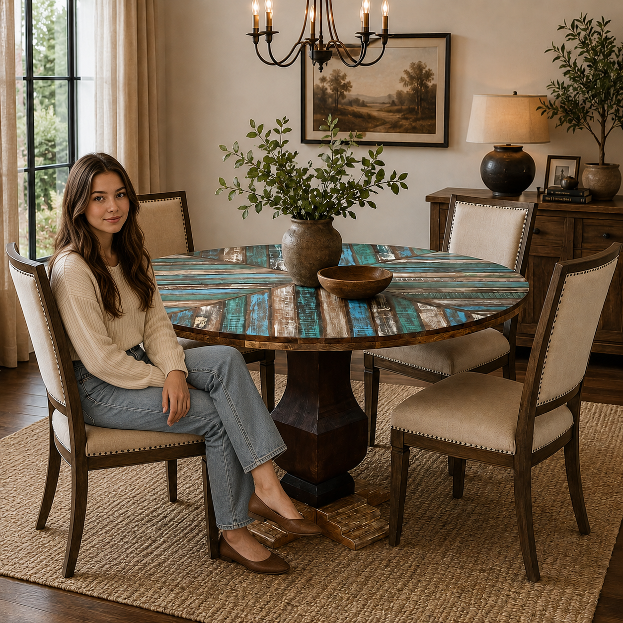 Round Reclaimed Wood Dining Table Handmade Blue Rustic Pedestal Table Farmhouse Kitchen Dining Furniture
