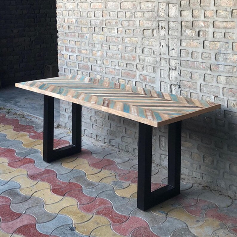 Round Reclaimed Wood Dining Table Handmade Rustic Pedestal Table Colorful Farmhouse Kitchen Furniture