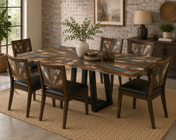 Rustic Sunburst Dining Table | Handmade Wooden Dining Table with Metal Legs | Modern Farmhouse Dining Room Furniture | Custom Dining Table