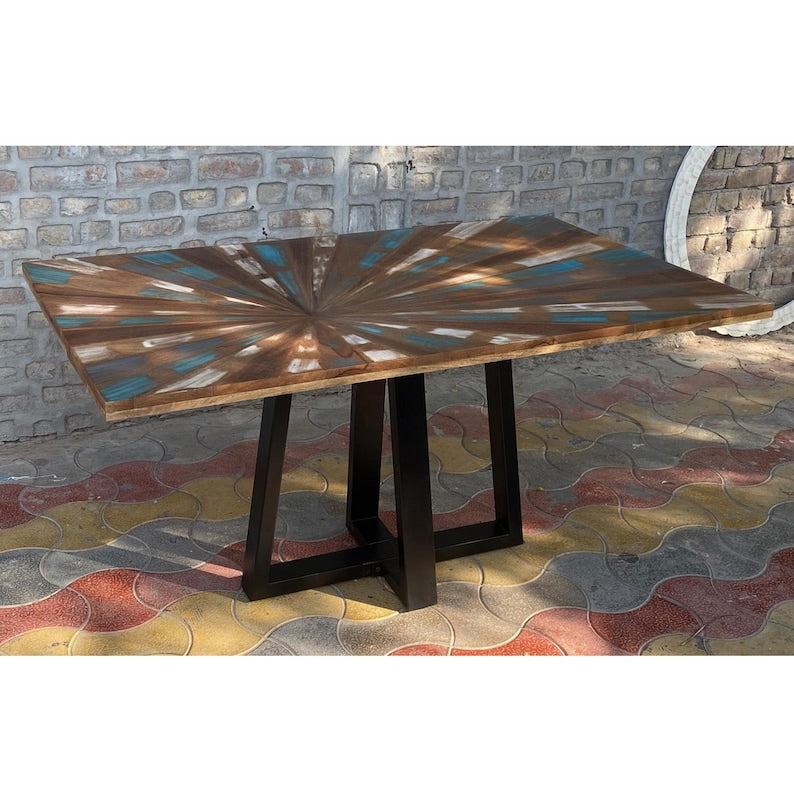 Rustic Sunburst Dining Table | Handmade Wooden Dining Table with Metal Legs | Modern Farmhouse Dining Room Furniture | Custom Dining Table