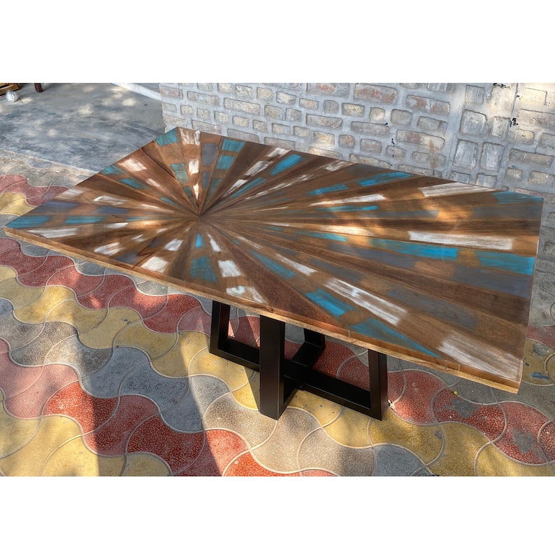 Rustic Sunburst Dining Table | Handmade Wooden Dining Table with Metal Legs | Modern Farmhouse Dining Room Furniture | Custom Dining Table