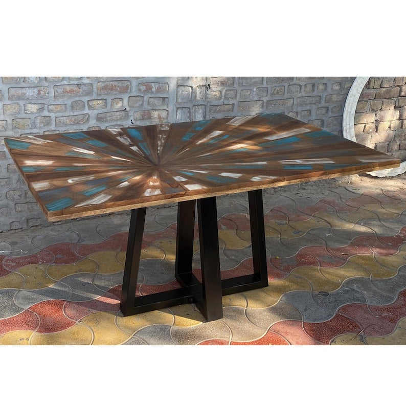 Rustic Sunburst Dining Table | Handmade Wooden Dining Table with Metal Legs | Modern Farmhouse Dining Room Furniture | Custom Dining Table