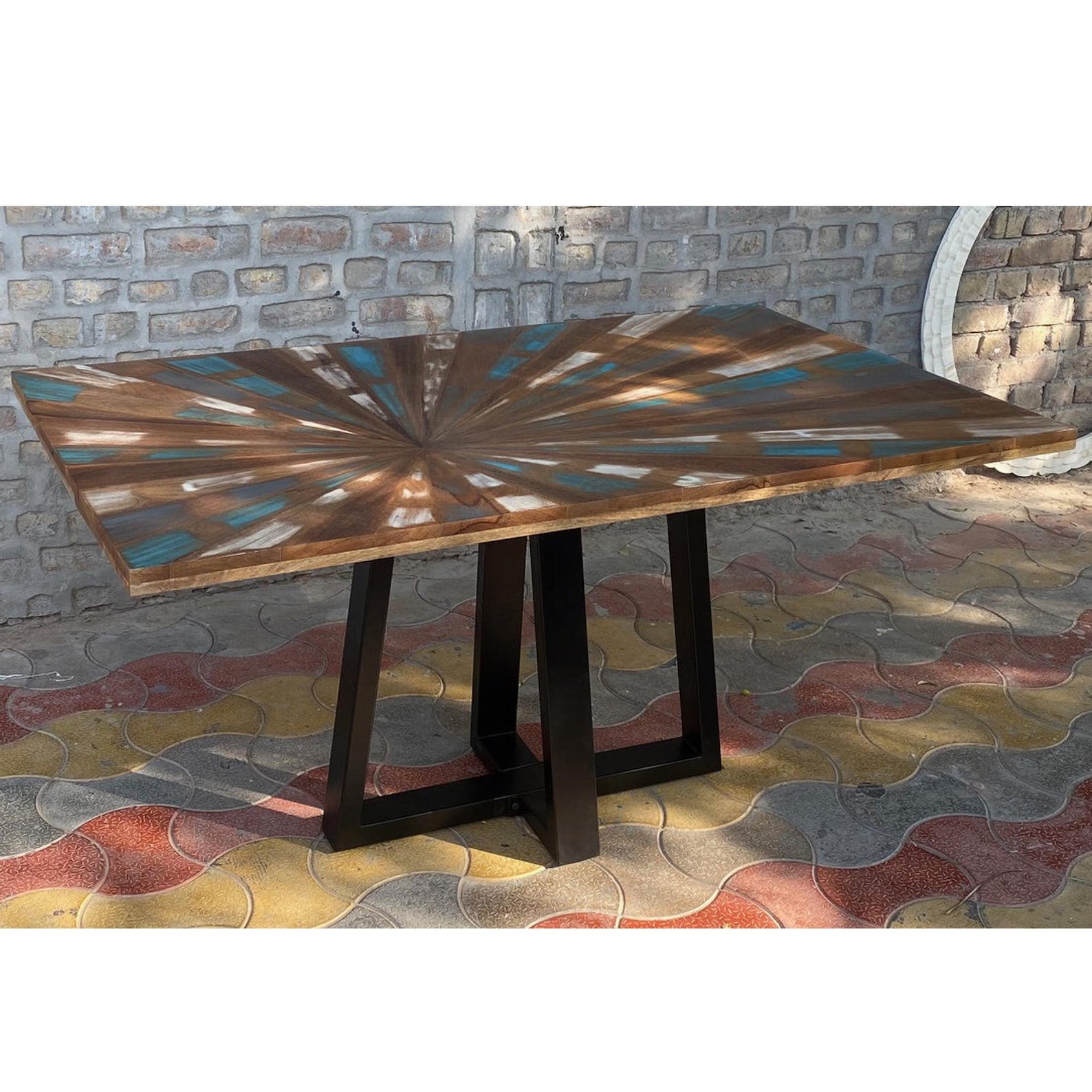 Rustic Sunburst Dining Table | Handmade Wooden Dining Table with Metal Legs | Modern Farmhouse Dining Room Furniture | Custom Dining Table
