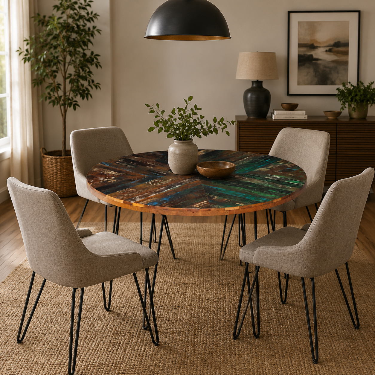 Handmade Round Reclaimed Wood Dining Table with Hairpin Legs, Rustic Modern Dining Room Table, Industrial Kitchen Table