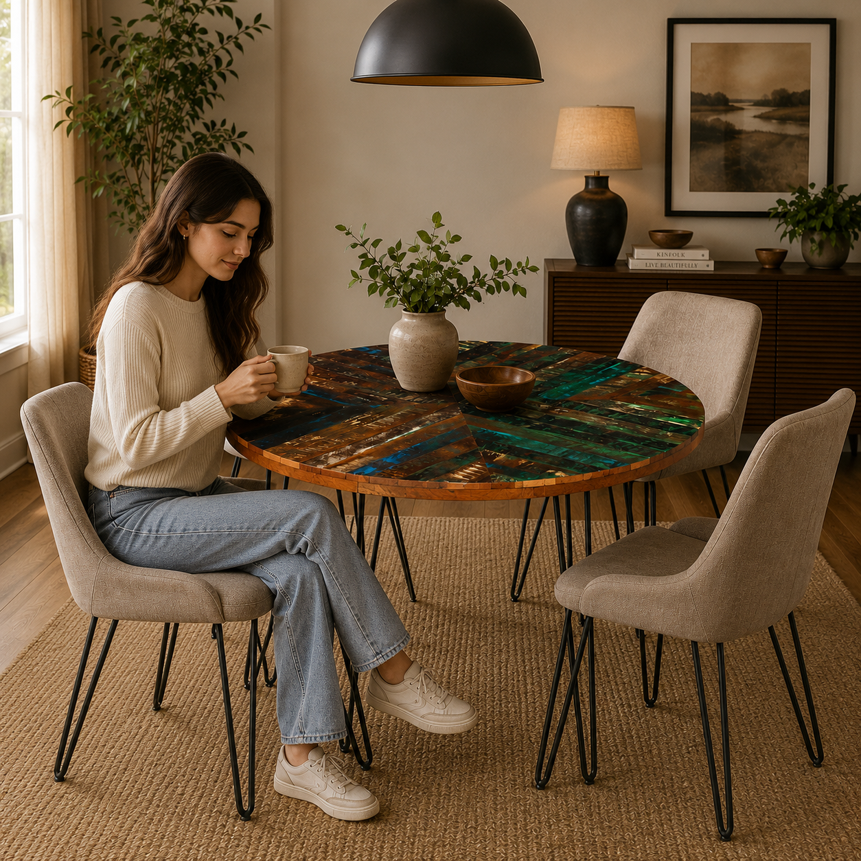 Handmade Round Reclaimed Wood Dining Table with Hairpin Legs, Rustic Modern Dining Room Table, Industrial Kitchen Table
