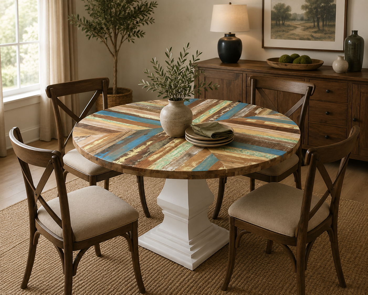 Modern Round Wooden Dining Table, Handmade Rustic Farmhouse Kitchen Table, Luxury Dining Furniture