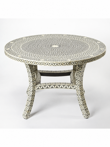Handmade Grey Bone Inlay Round Dining Table – Mandala Design