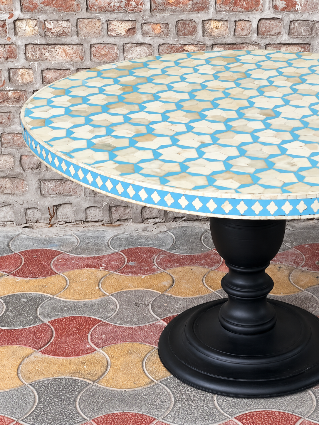 Handmade Blue and White Bone Inlay Round Dining Table – Mosaic Design