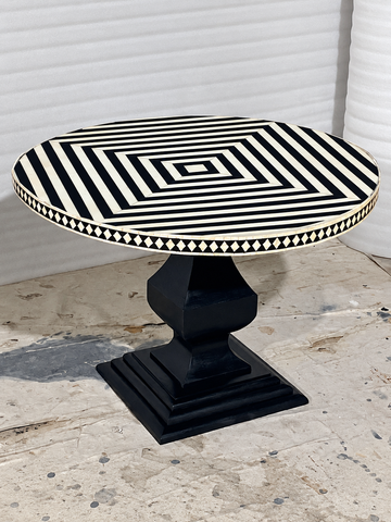 Handmade Black and White Bone Inlay Round Dining Table – Striped Design