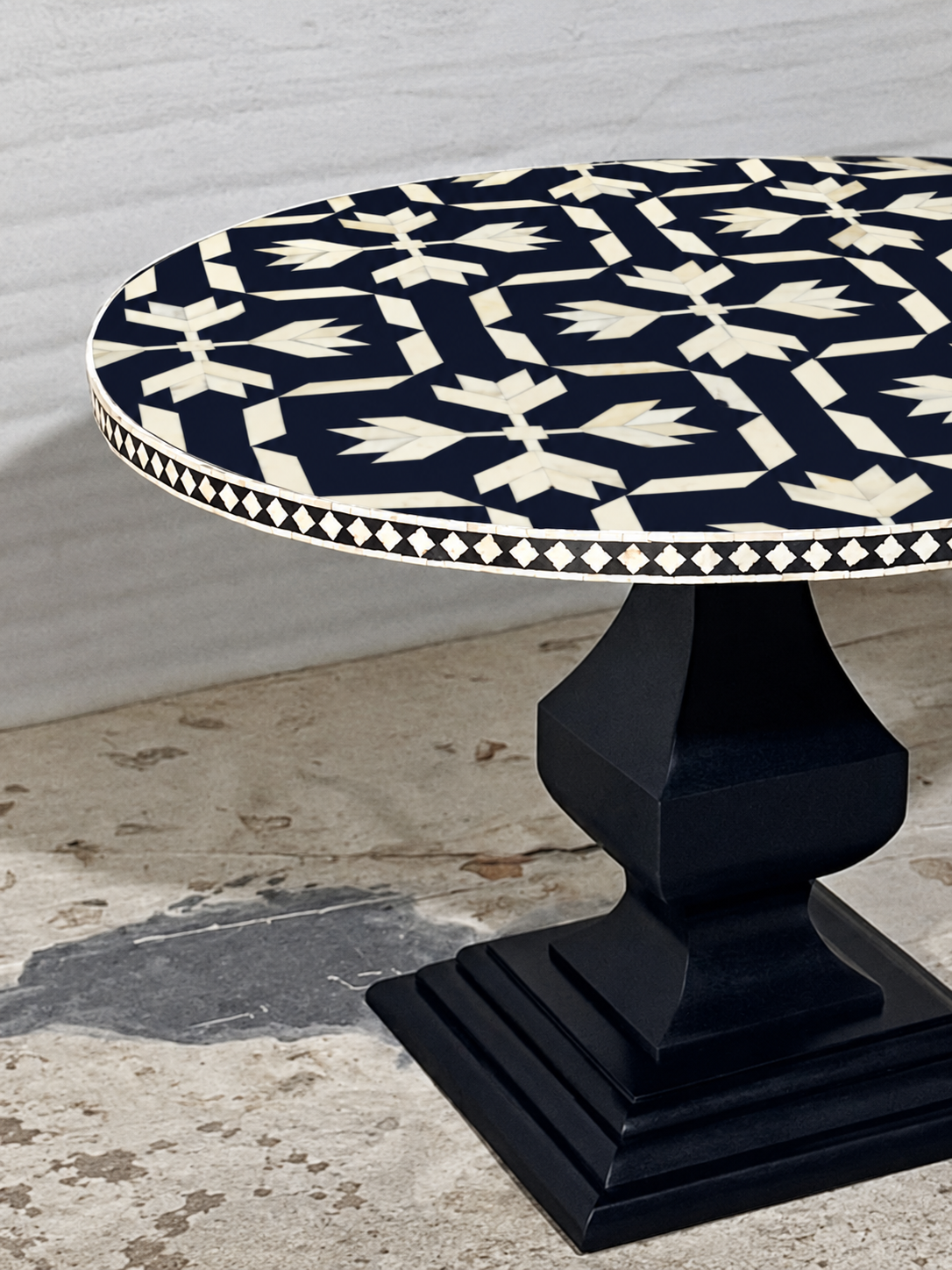 Handmade Navy Blue Bone Inlay Round Dining Table – Arrow Design