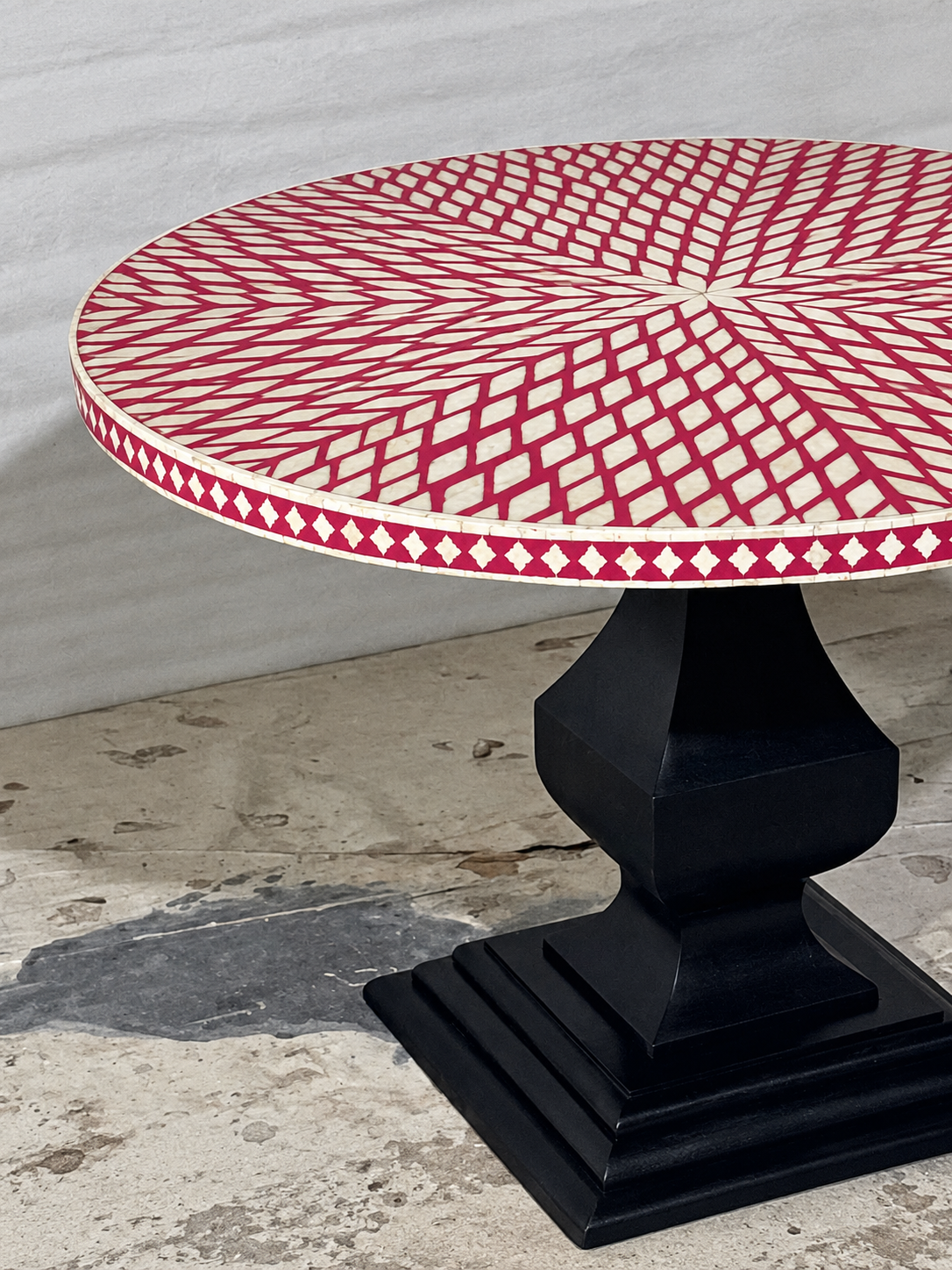 Handmade Pink Bone Inlay Round Dining Table – Sunburst Design