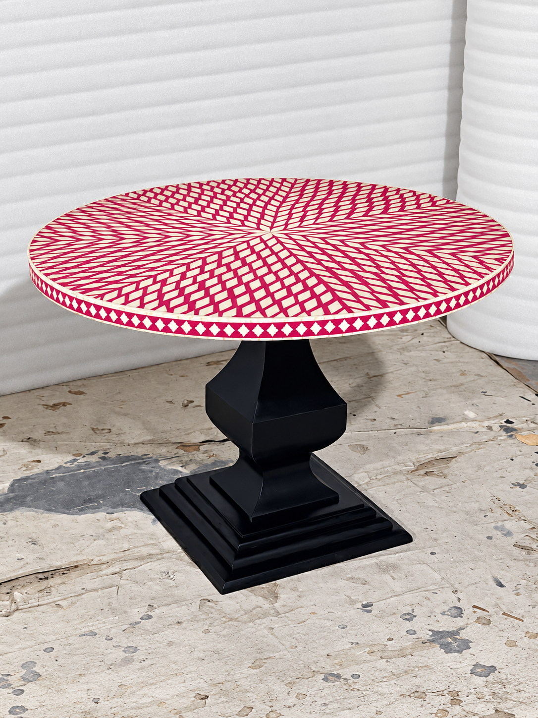 Handmade Pink Bone Inlay Round Dining Table – Sunburst Design