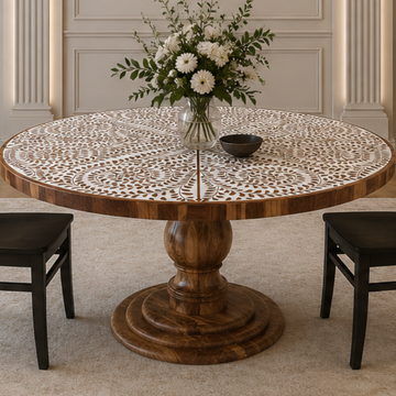Handmade Bone Inlay Floral Dining Table – Wooden Finish Round Dining Table, Luxury Pedestal Table, Artisan Inlay Furniture