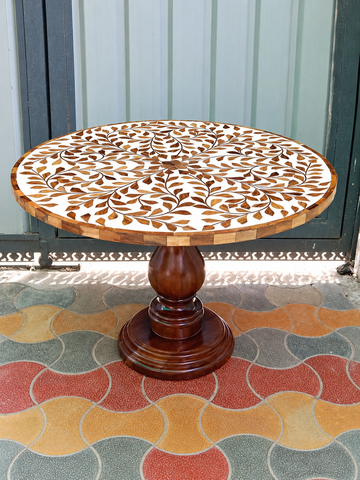 Handmade Wood Inlay Round Dining Table – Floral Vine Design