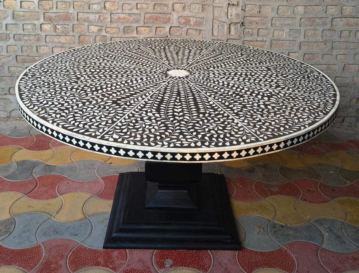 Handmade Black & White Bone Inlay Dining Table – Round Floral Pedestal Table