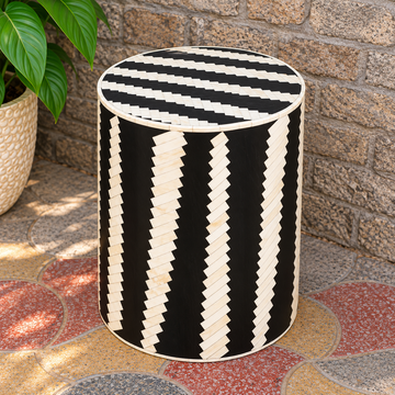 Handmade Black & White Bone Inlay End Table – Diagonal Stripe Round Drum Side Table