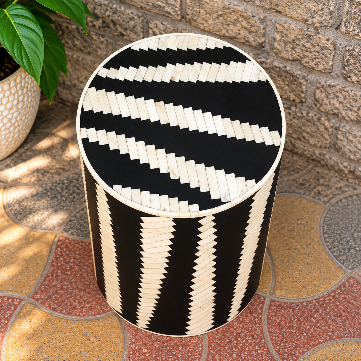Handmade Black & White Bone Inlay End Table – Diagonal Stripe Round Drum Side Table