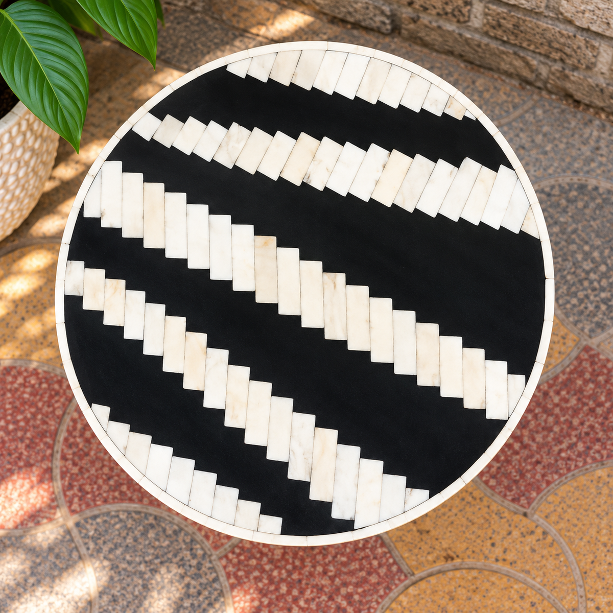 Handmade Black & White Bone Inlay End Table – Diagonal Stripe Round Drum Side Table