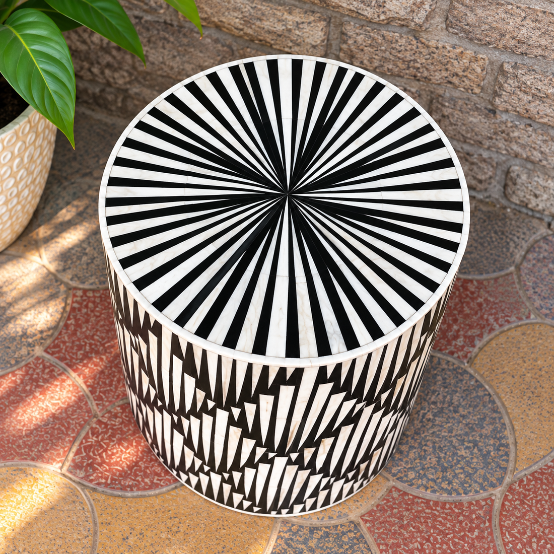 Handmade Black & White Bone Inlay End Table – Chevron Sunburst Round Side Table