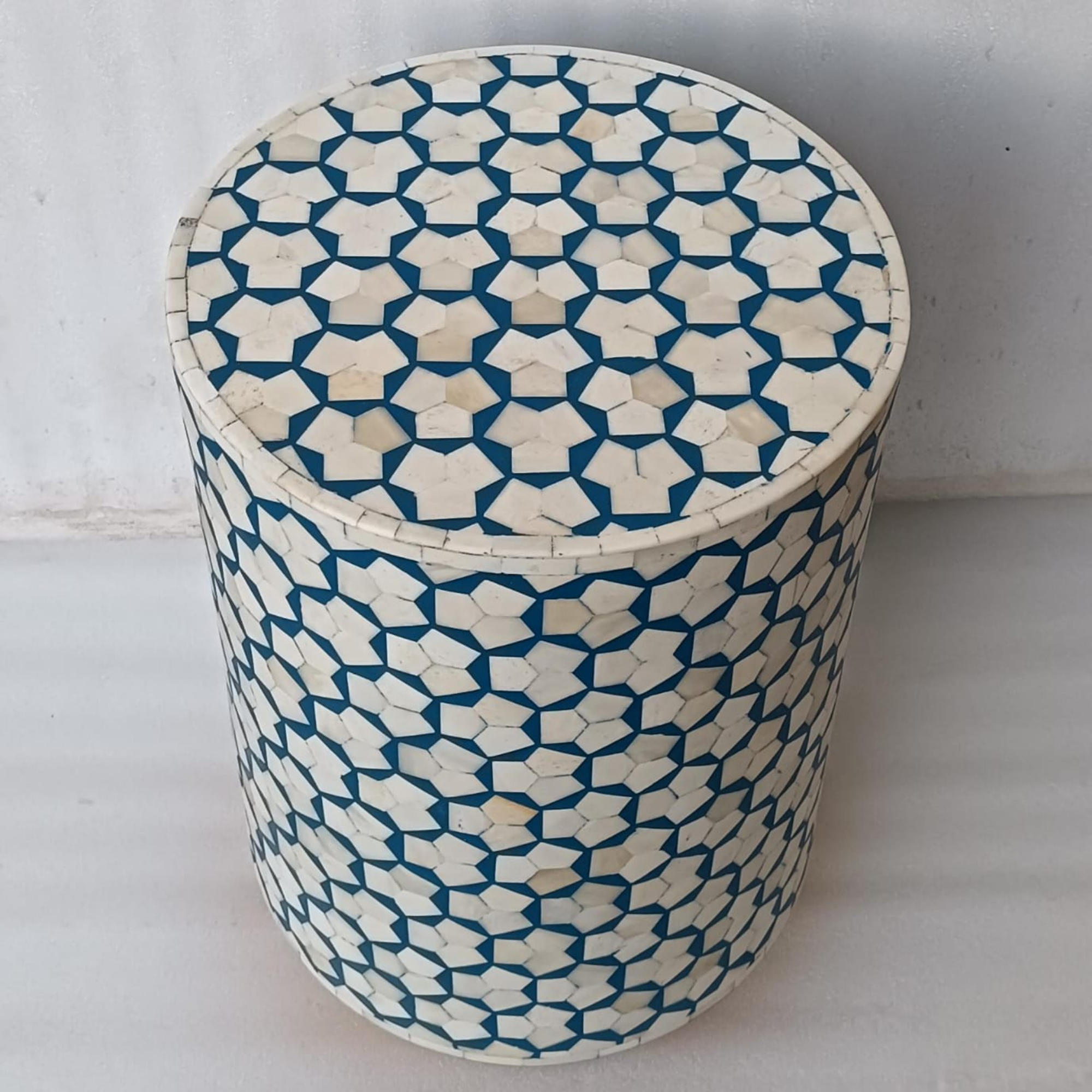 Handmade Blue Bone Inlay End Table | Geometric Bone Inlay Side Table | Luxury Accent Table