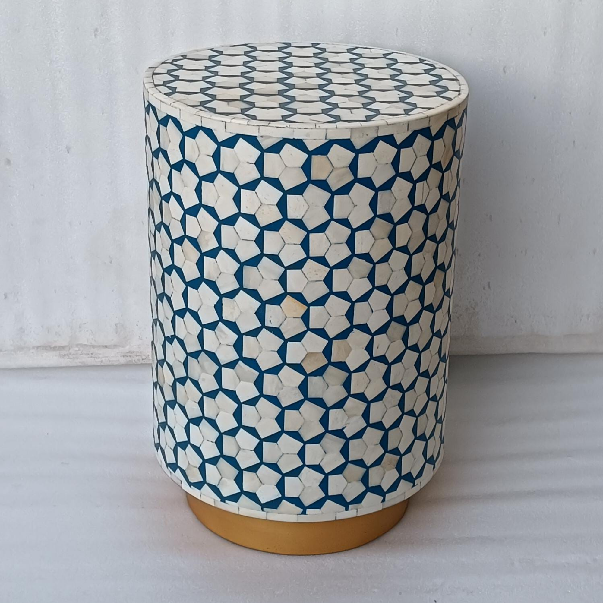 Handmade Blue Bone Inlay End Table | Geometric Bone Inlay Side Table | Luxury Accent Table