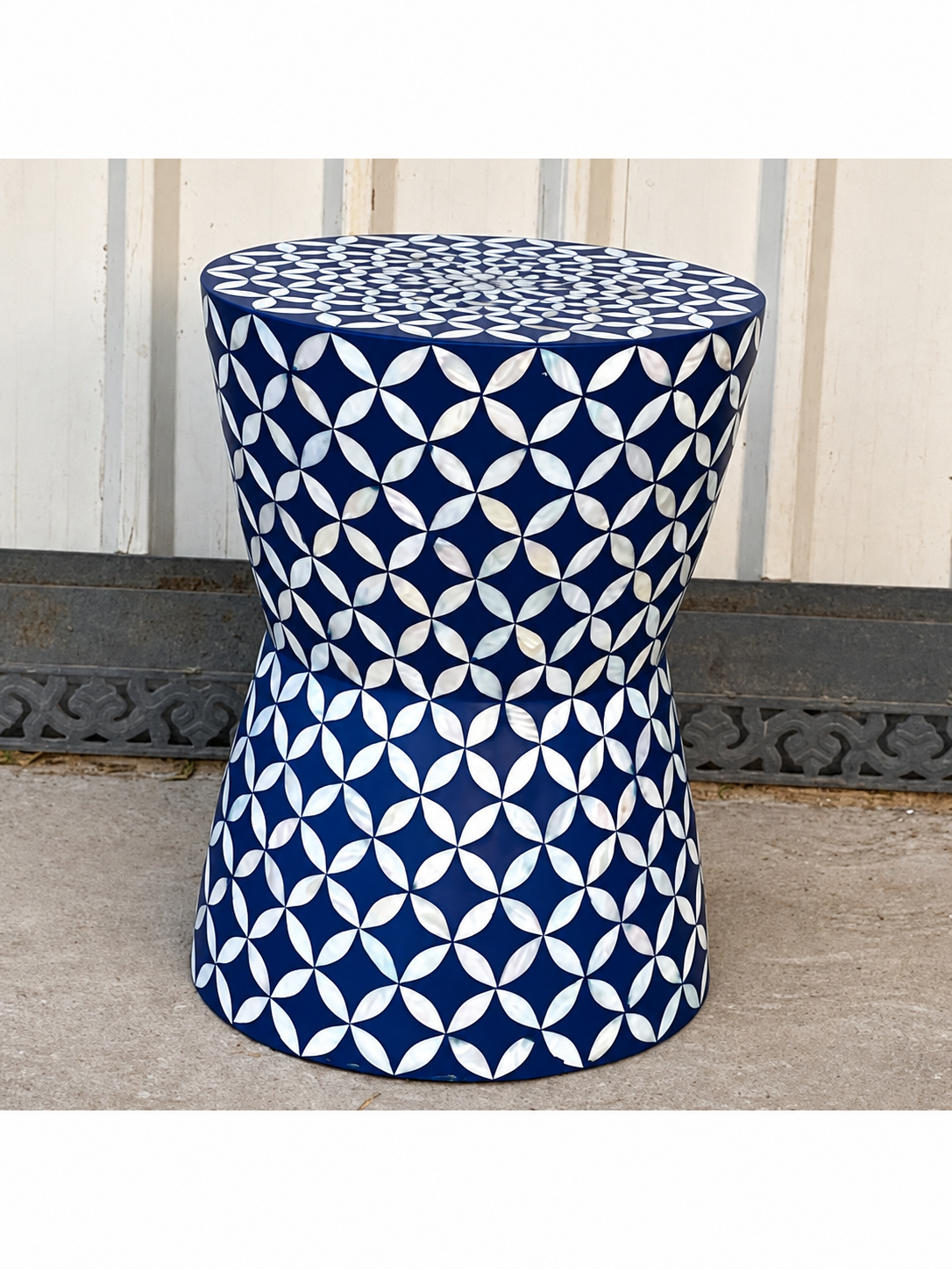 Blue Mother of Pearl Inlay End Table – Handmade Round Drum Side Table