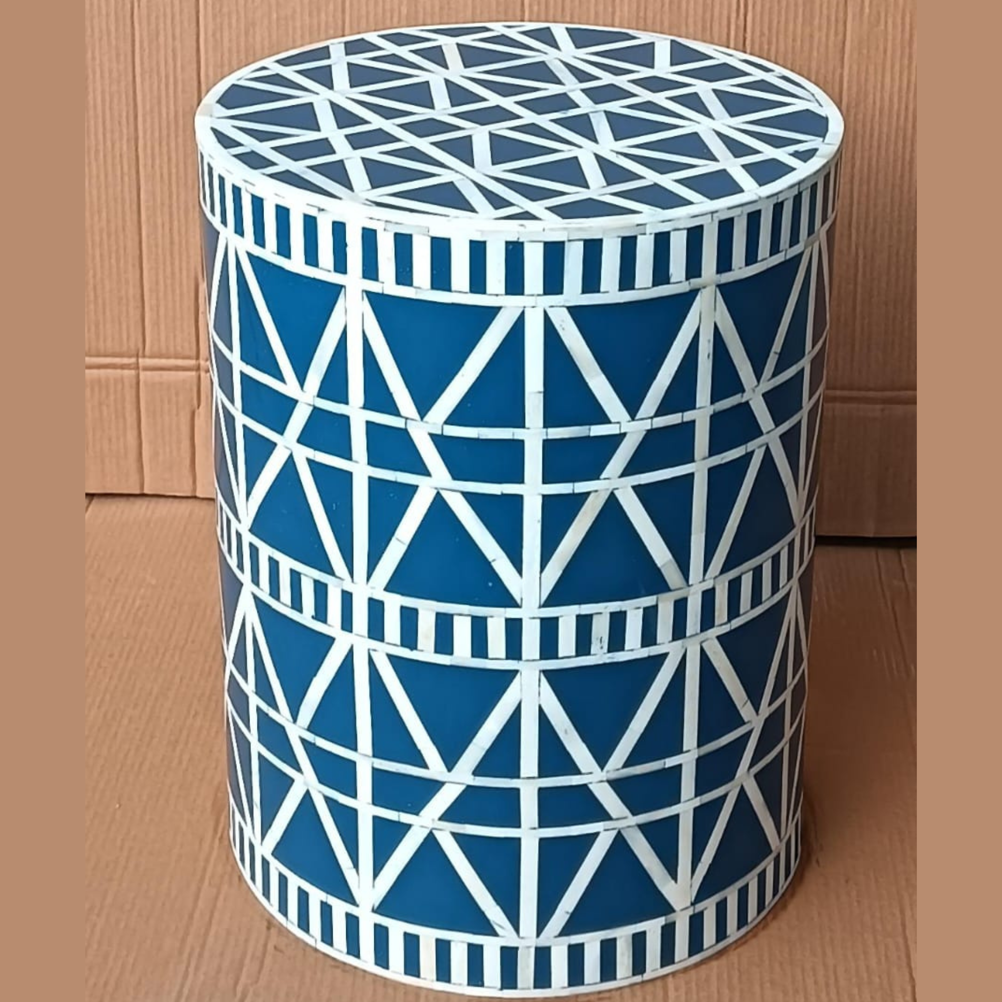Handmade Blue Bone Inlay End Table | Round Geometric Side Table | Luxury Accent Furniture for Living Room, Bedroom & Hotel