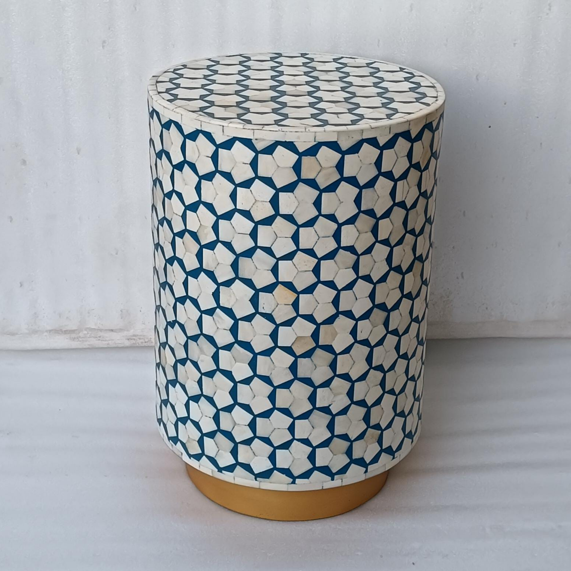 Handmade Blue Bone Inlay End Table | Geometric Bone Inlay Side Table | Luxury Accent Table