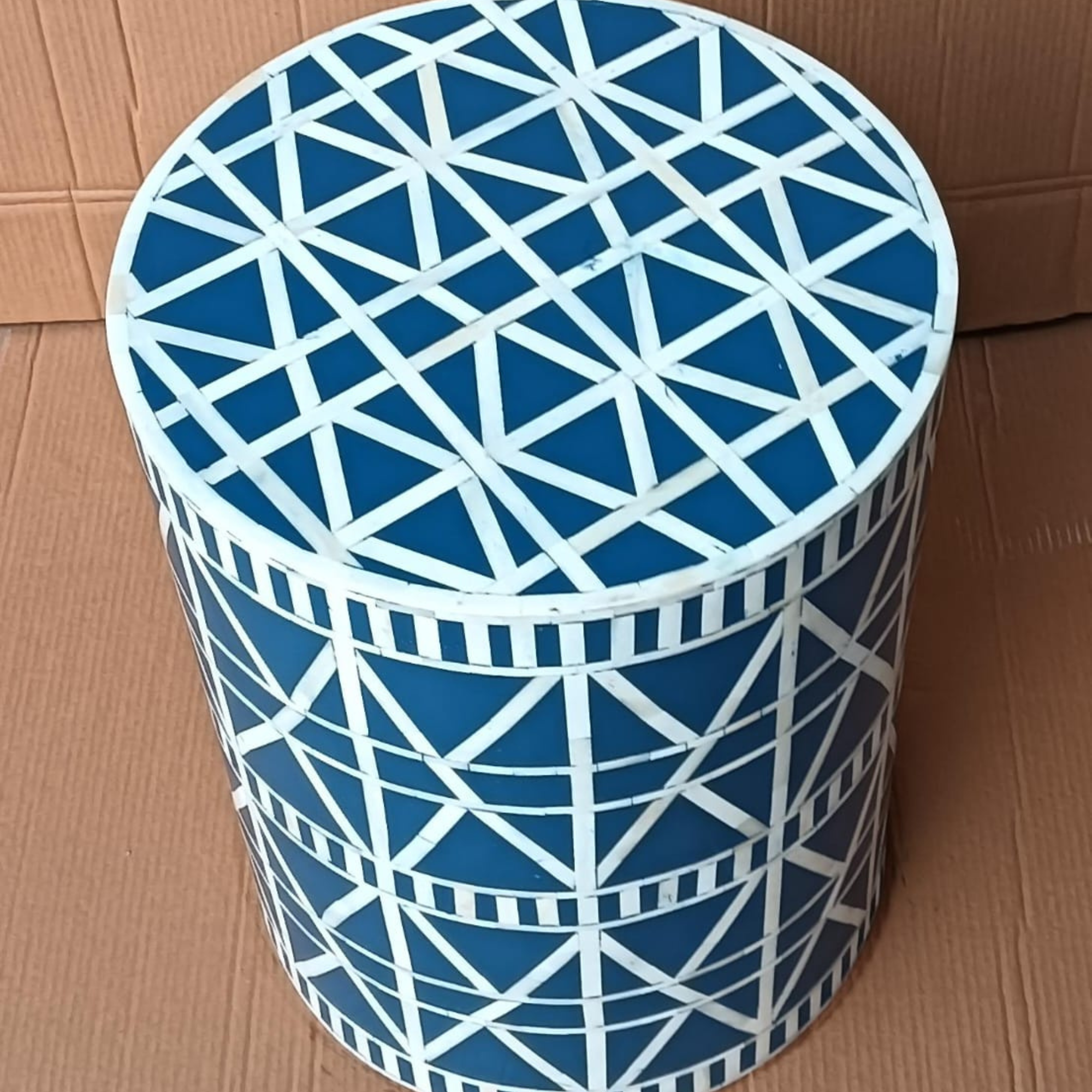 Handmade Blue Bone Inlay End Table | Round Geometric Side Table | Luxury Accent Furniture for Living Room, Bedroom & Hotel
